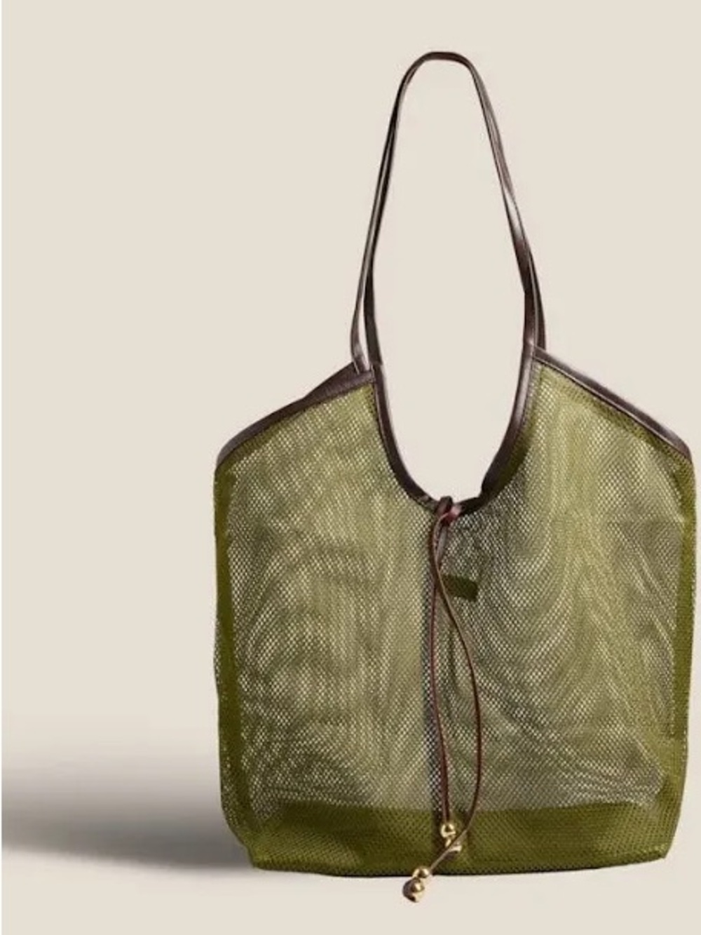 Parker Thatch The Tokyo Shopper Olive Green Mesh Tote Bag with Brown Trim